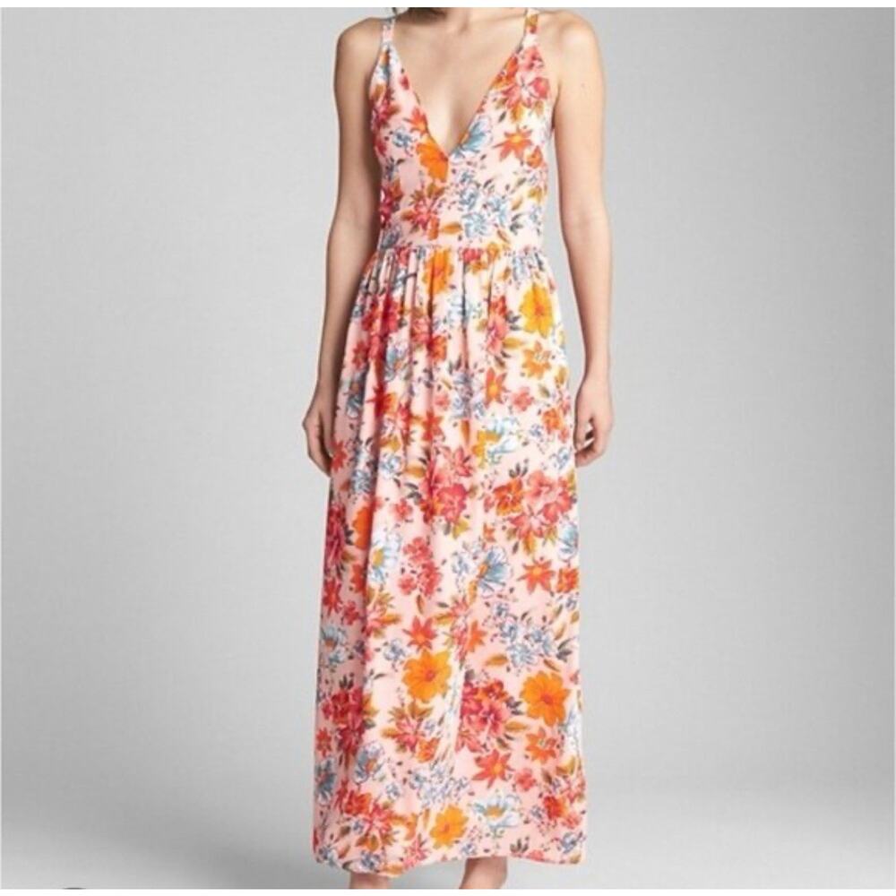 GAP White Pleated Maxi Dress Foral Spaghetti Strap Sz 6 Beachy Fairy Retro Boho